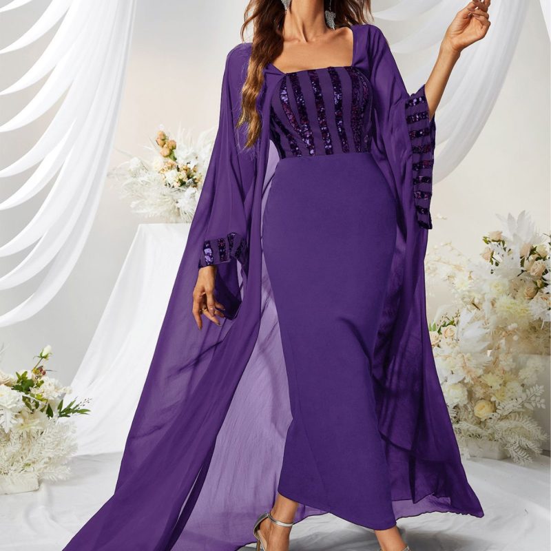 Elegant Chiffon Sequin Cloak Maxi Dress - Image 3