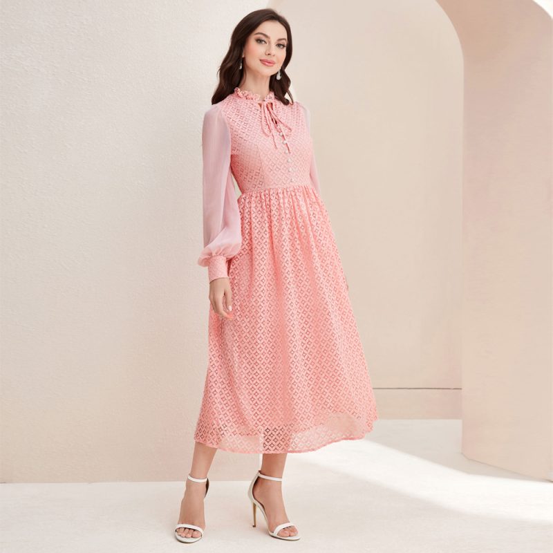 Elegant Stitched Sleeves High Waist Autumn Dress - Image 2