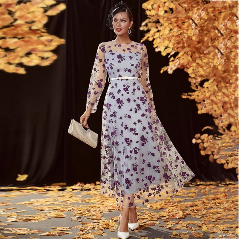 Lace Round Neck Long Sleeve Maxi Dress - Image 2
