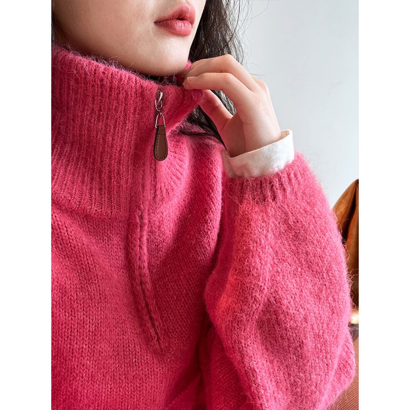 Lazy Loose Pink Zip Sweater | Half Turtleneck, Thickened - Image 4
