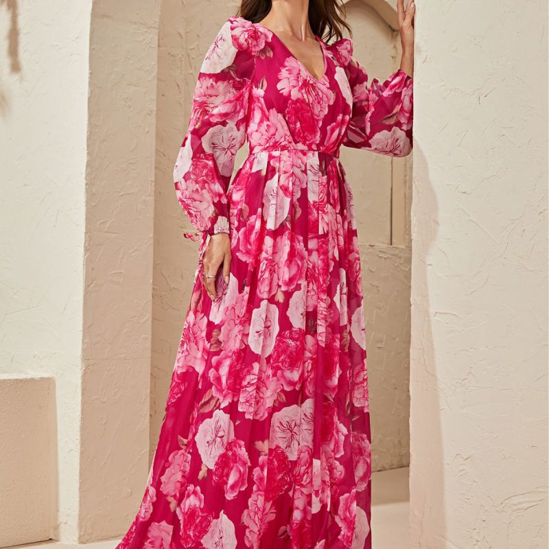 Printed Chiffon V-Neck Puff Sleeve Dress - Image 5