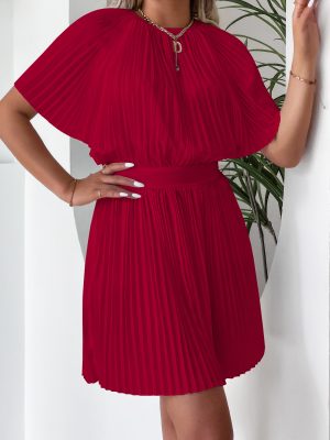 Pleated Batwing Sleeve Short Dress