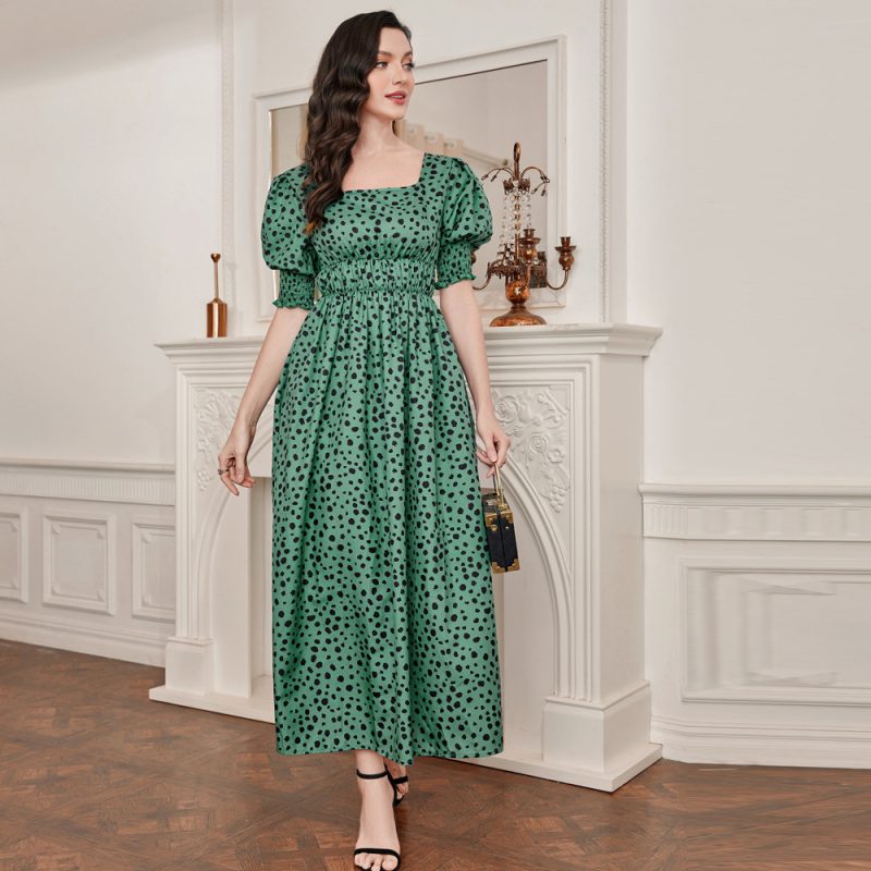 Fashionable Square Collar Puff Sleeve Dress: Elegant High Waist - Image 2