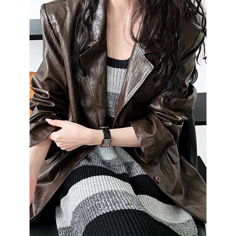 Autumn Retro Street Shiny Leather Blazer for Women - Image 4