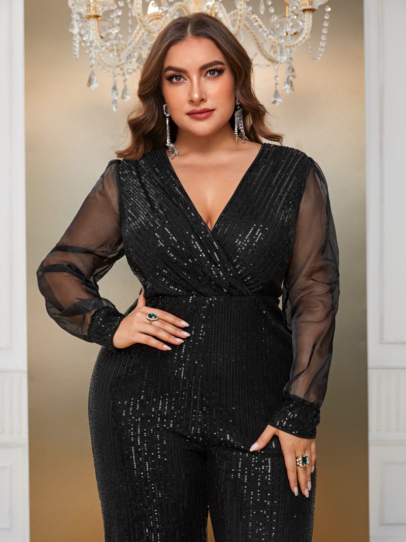 Plus Size V-Neck Sequin Jumpsui - Image 5