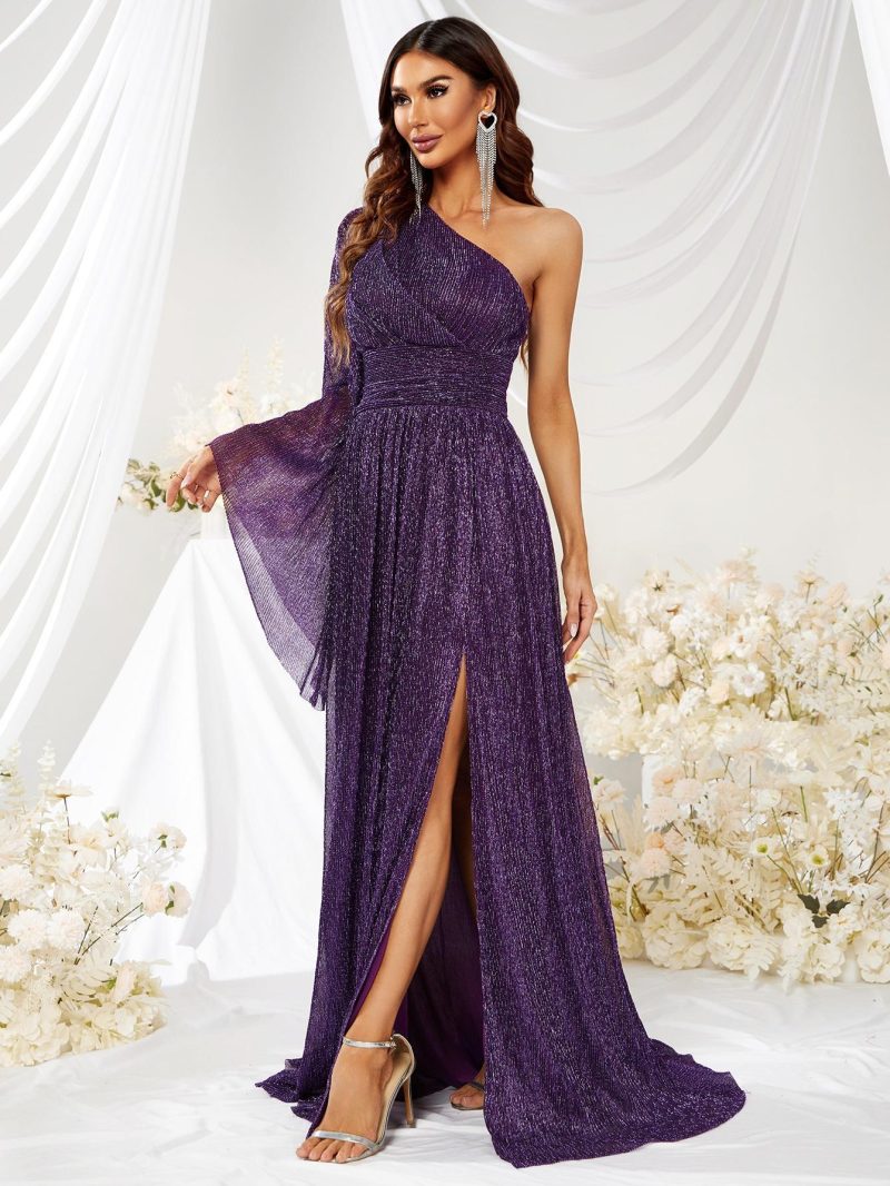 Oblique Shoulder Bright Silk Maxi Dress - Image 4