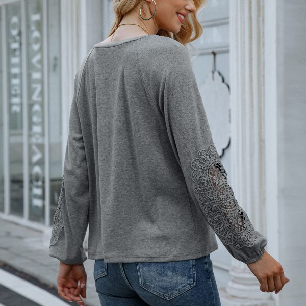 Lace-Trim V-Neck Long Sleeve Tee - Image 2