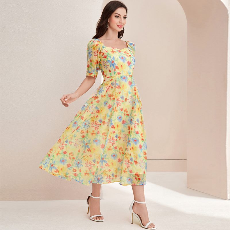 French Elegant Square Collar High Waist Summer Dress - Image 2