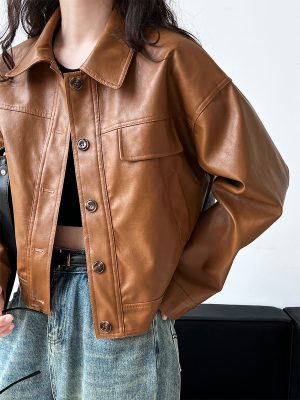 Elegant Brown Faux Leather Coat | Fall Motorcycle Jacket