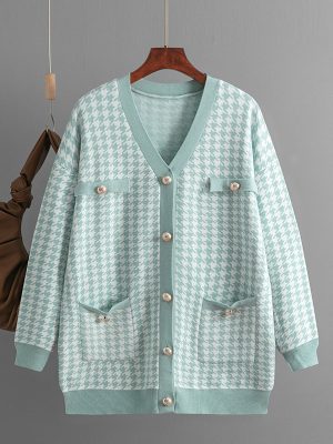 Loose V-Neck Houndstooth Cardigan