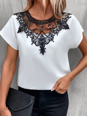 Lace Patch Round Neck Shirt – Summer Color Contrast Top