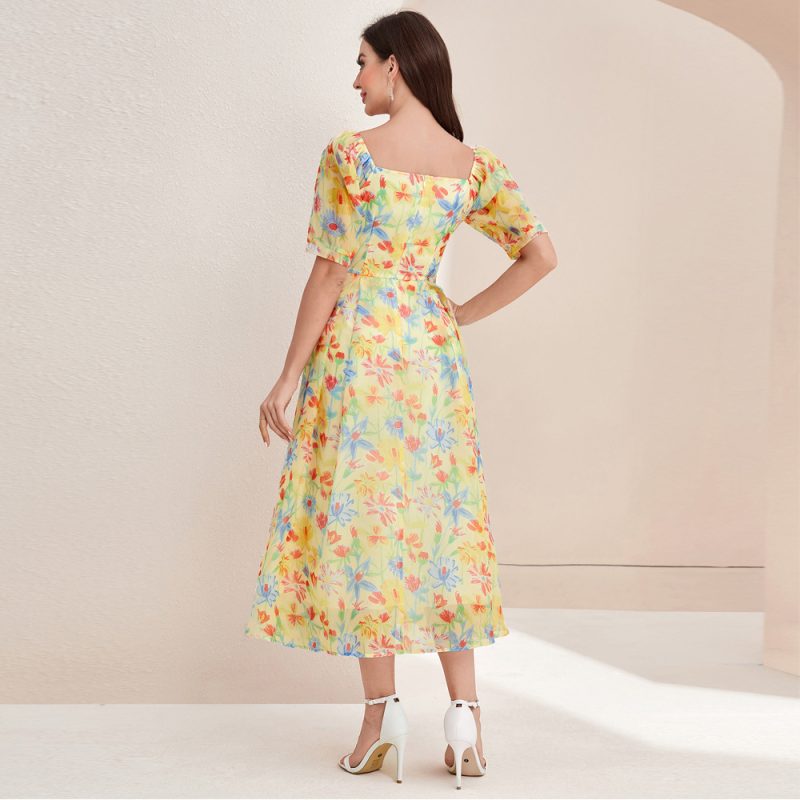 French Elegant Square Collar High Waist Summer Dress - Image 4