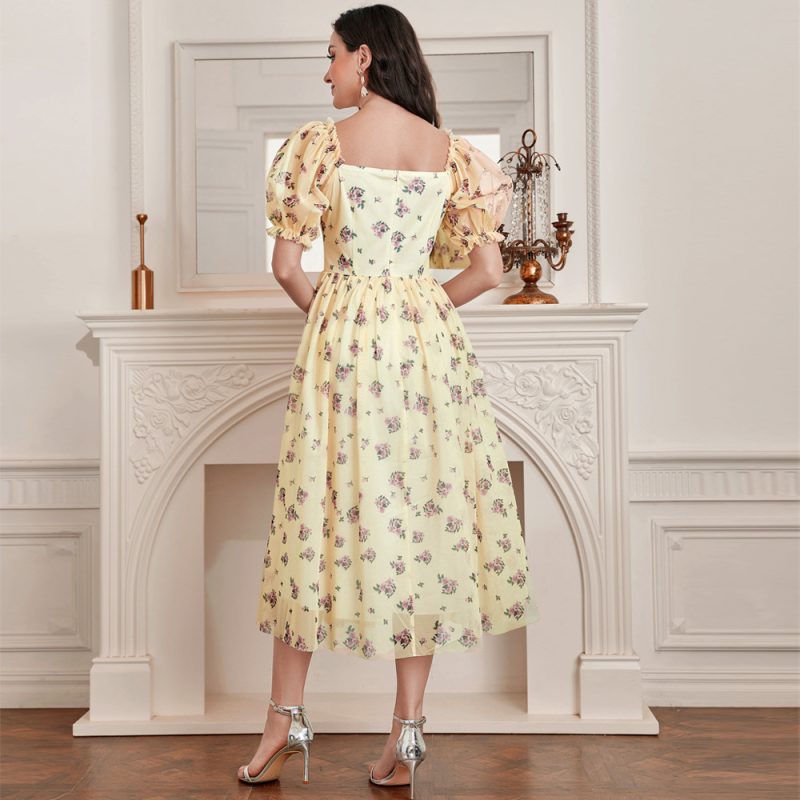 Mesh Square Collar Puff Sleeve Dress: Elegant High Waist - Image 2