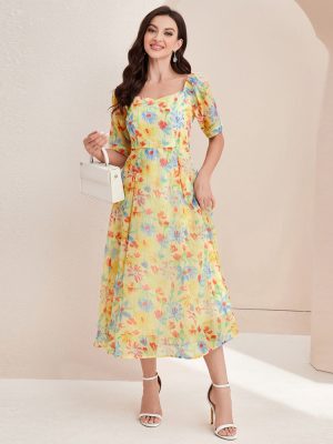 French Elegant Square Collar High Waist Summer Dress