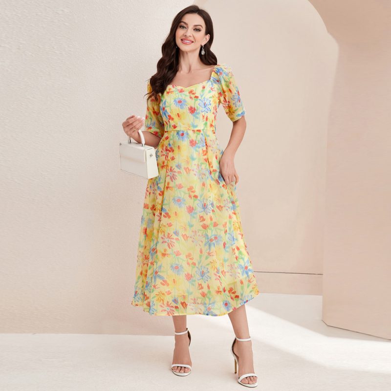 French Elegant Square Collar High Waist Summer Dress