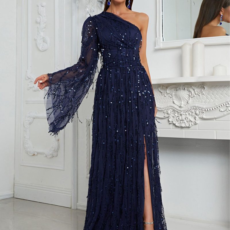 One-Sleeve Sequin Slit Dress - Image 3