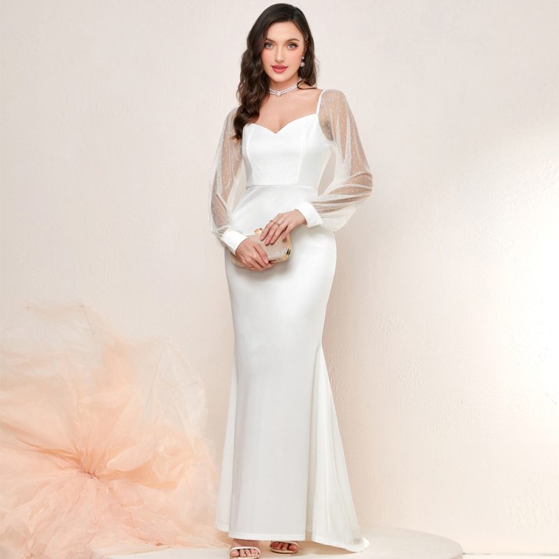 Elegant French Mesh Sleeves Fishtail Dress - Image 4