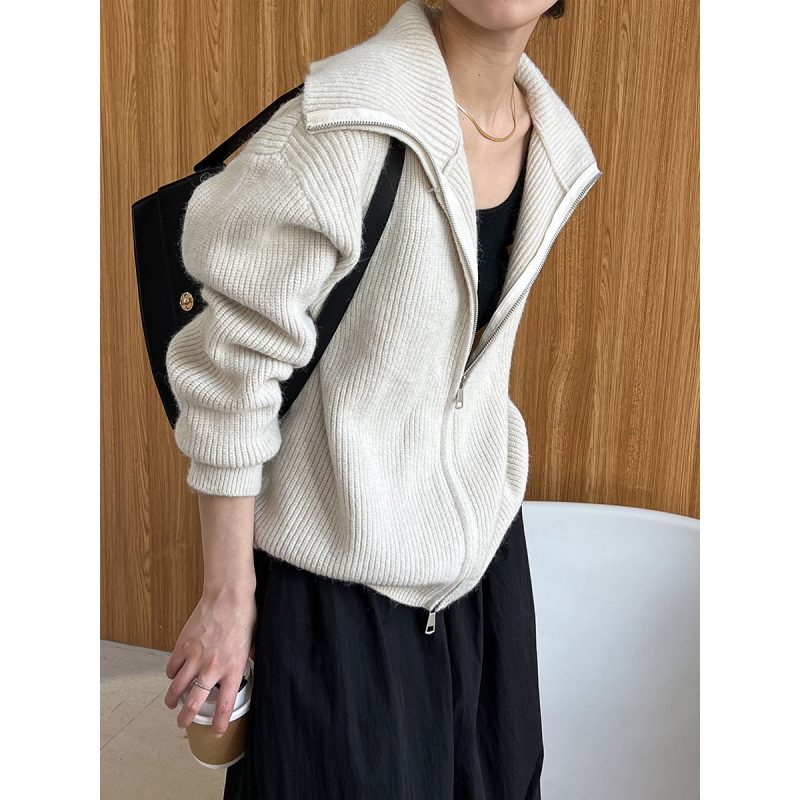 Lazy Double Zip Knit Cardigan | Collared Stand Collar - Image 4