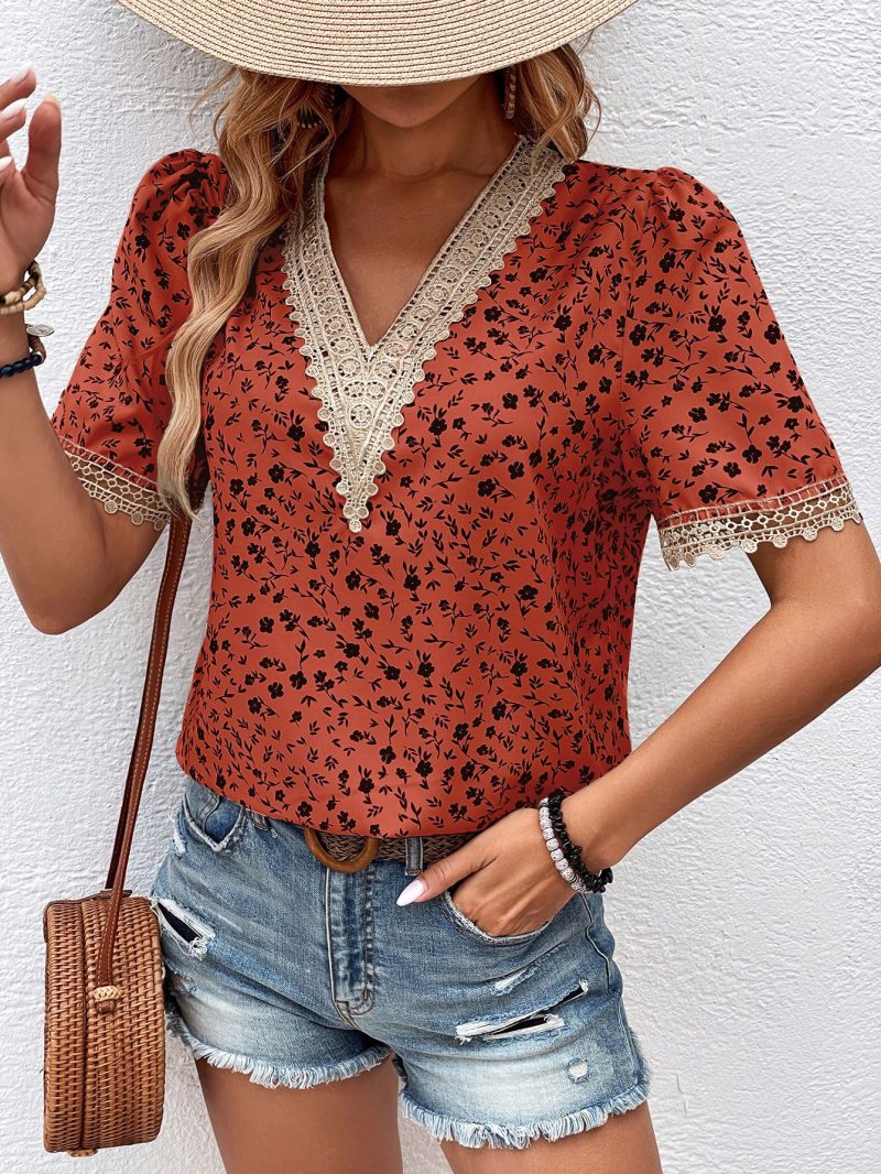 Floral V-Neck Loose Ruffled Top - Chic Women's Fashion - Image 3