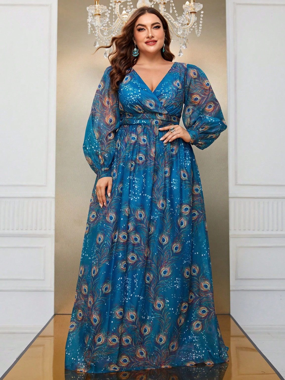 Peacock Feather Printed Maxi Dress - Image 3