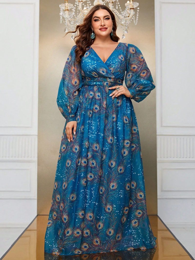 Peacock Feather Printed Maxi Dress - Image 3