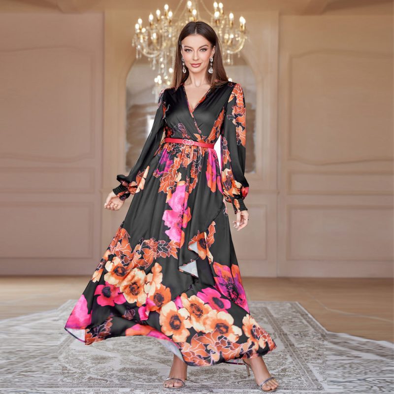 Fall V-neck French High Waist Swing Dress with Belt - Image 4