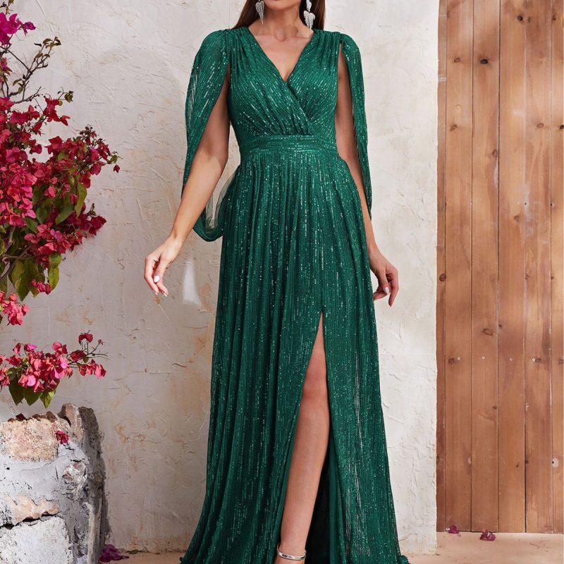 Sequin V-Neck Shawl Sleeve Maxi Dress