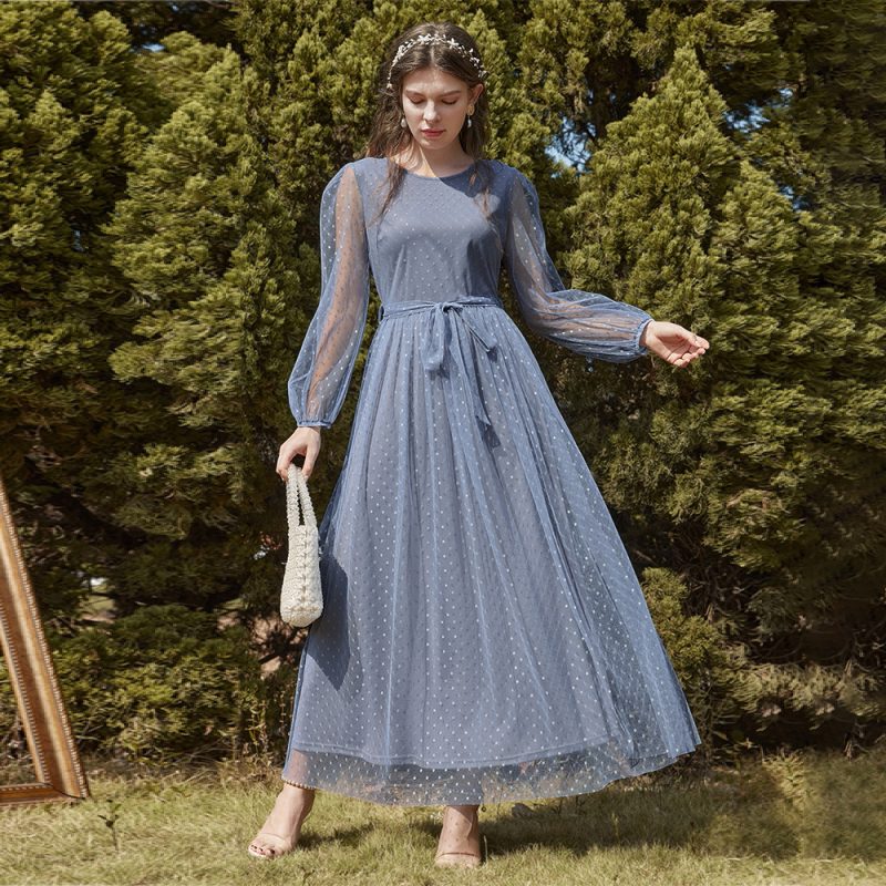 Women Clothing Dress Autumn Winter round Neck A line Dress Stitching Mesh Maxi Dress - Image 2