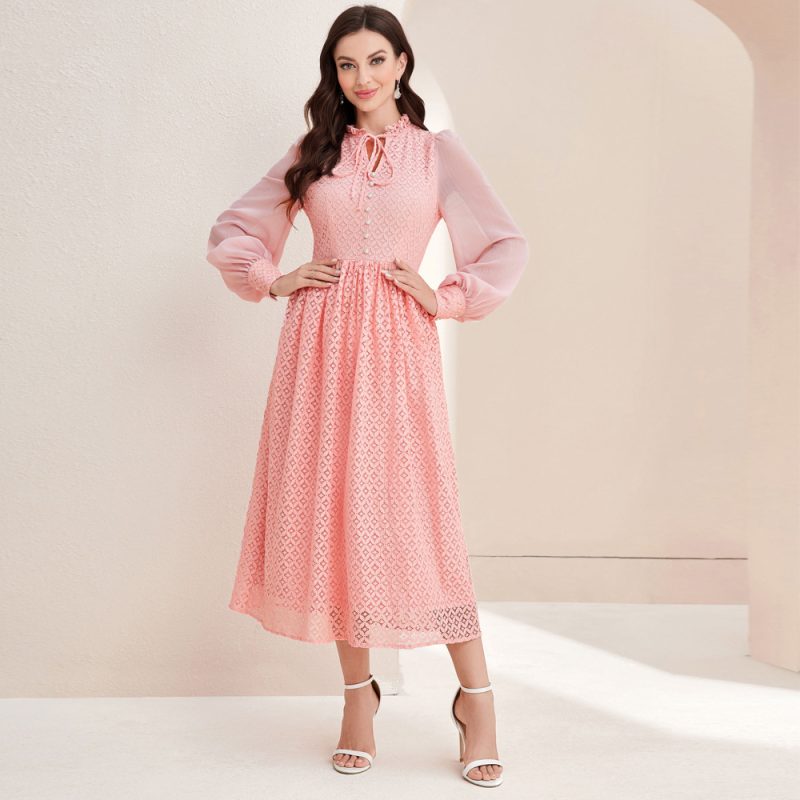 Elegant Stitched Sleeves High Waist Autumn Dress - Image 3