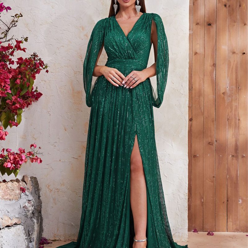 Sequin V-Neck Shawl Sleeve Maxi Dress - Image 3