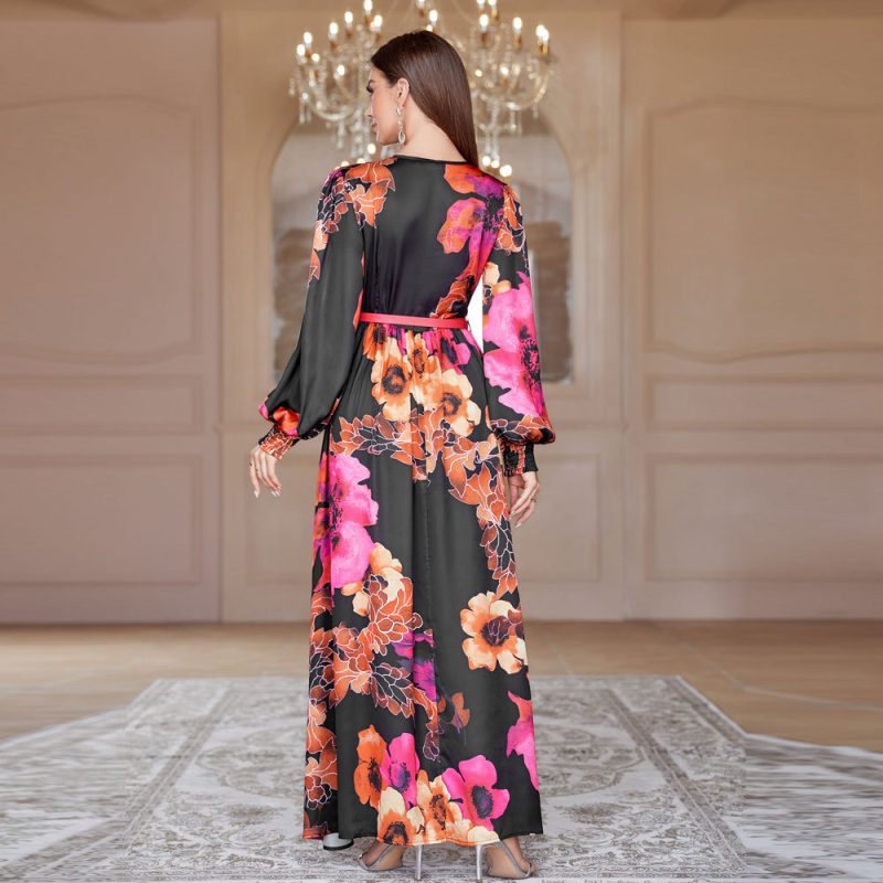 Fall V-neck French High Waist Swing Dress with Belt - Image 2