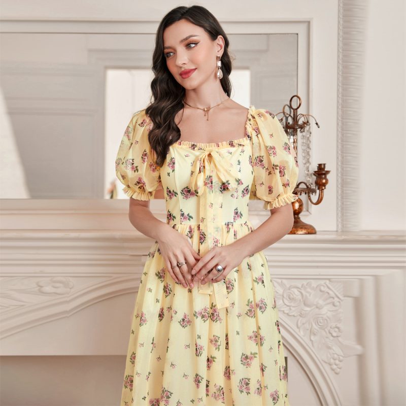 Mesh Square Collar Puff Sleeve Dress: Elegant High Waist