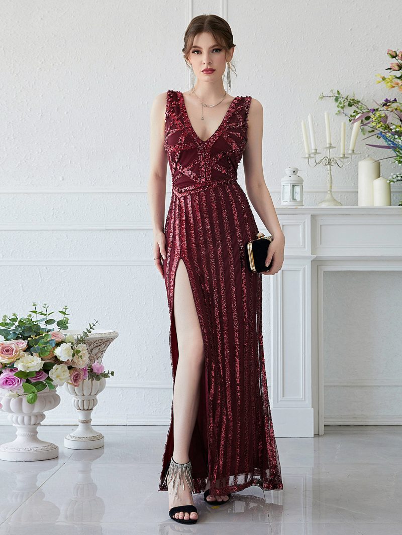 Manual Beaded Red Sequined Maxi Dress - Image 5
