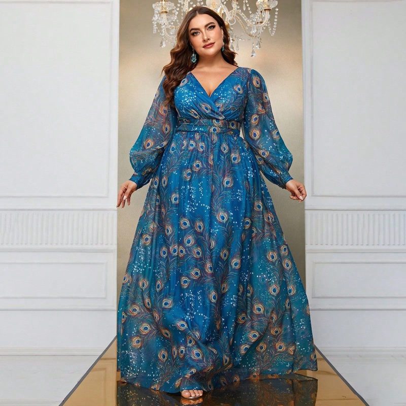 Peacock Feather Printed Maxi Dress
