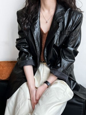 Autumn Retro Street Shiny Leather Blazer for Women