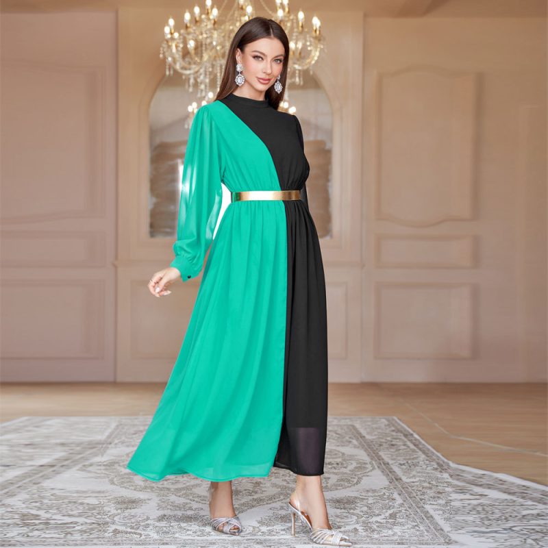 Elegant Color-Matching High Waist Swing Dress - Image 3