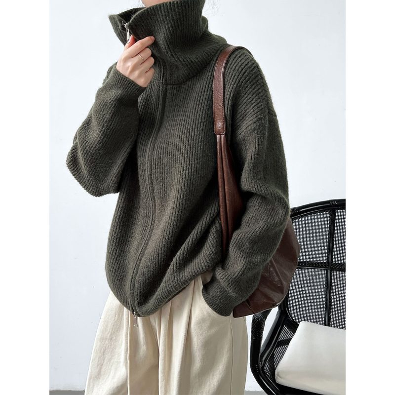 Lazy Double Zip Knit Cardigan | Collared Stand Collar - Image 2
