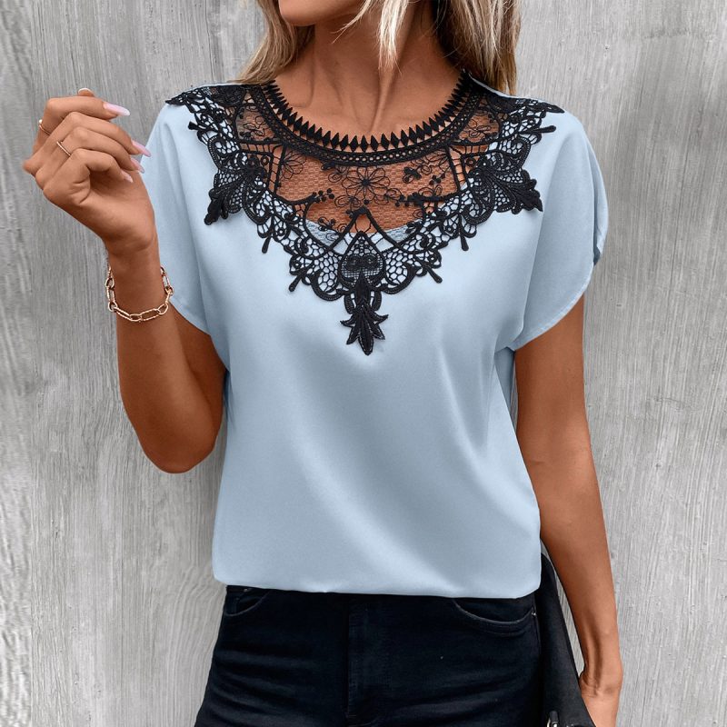 Lace Patch Round Neck Shirt - Summer Color Contrast Top - Image 2