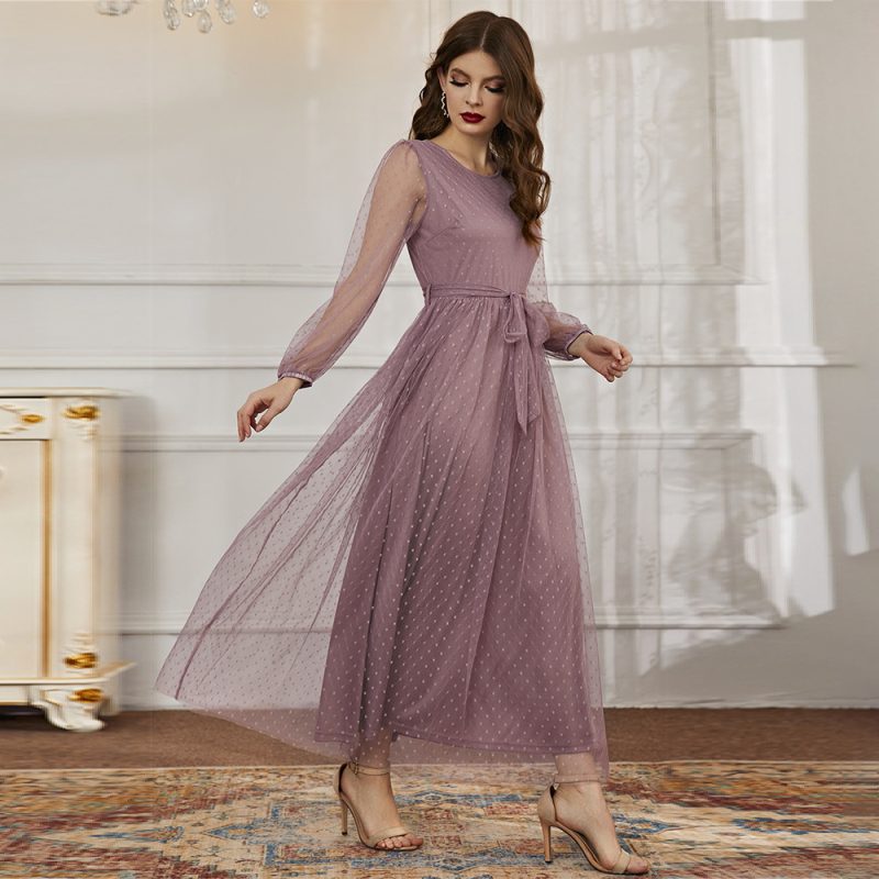 Gauze Round Collar Slim Fit Maxi Dress - Image 4