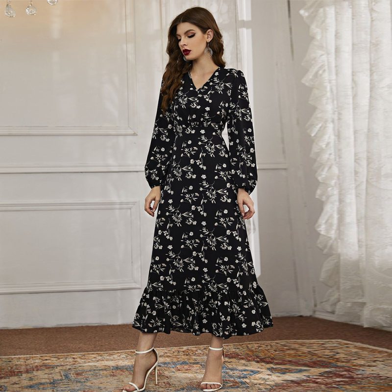 Fall Floral V-neck Maxi Dress: Women's Long Sleeve Elegance - Image 4