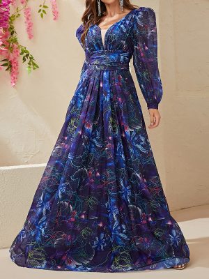 Dark Blue Chiffon Maxi Holiday Dress