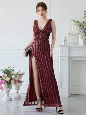 Manual Beaded Red Sequined Maxi Dress