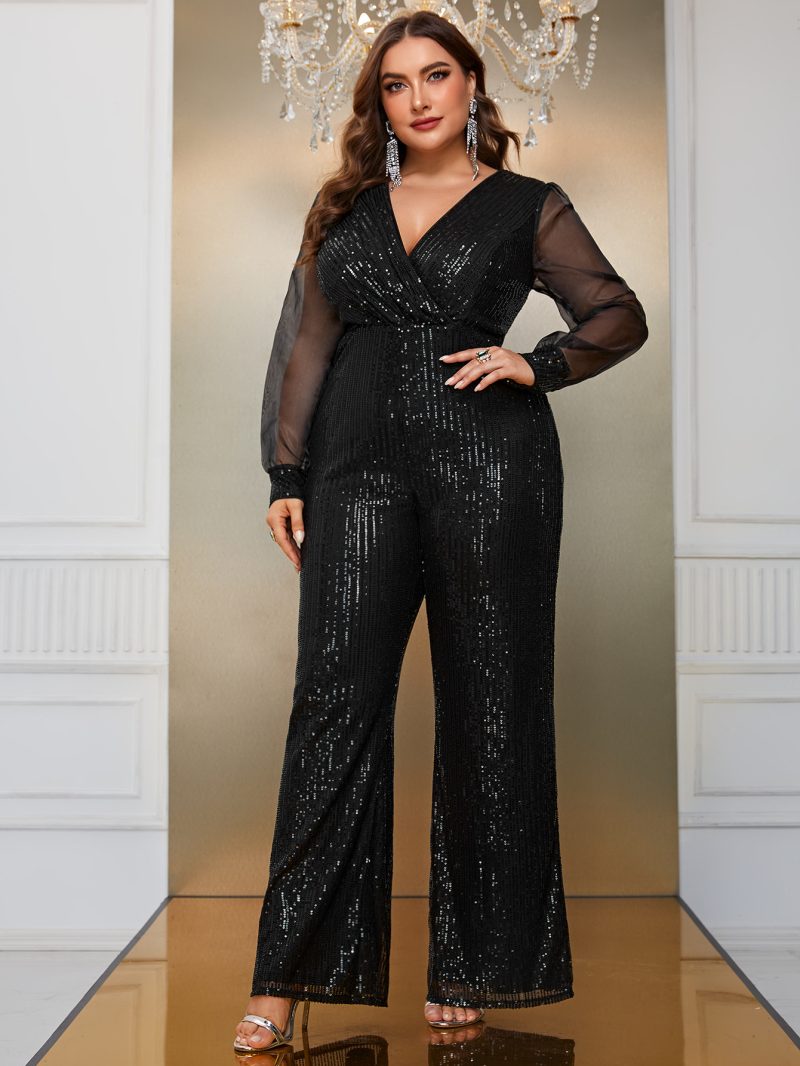 Plus Size V-Neck Sequin Jumpsui - Image 3