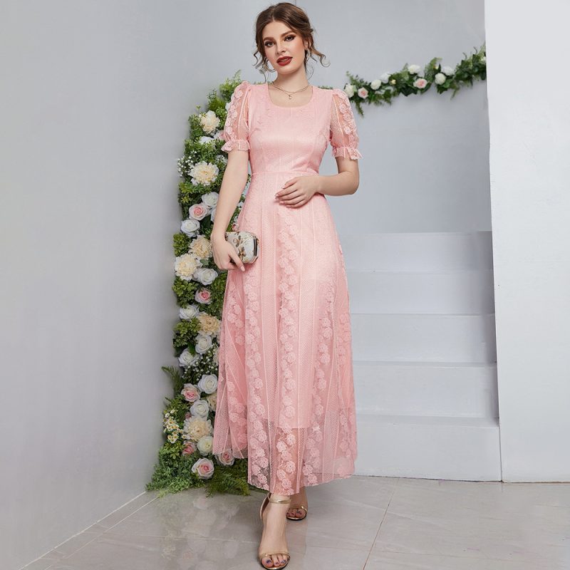 Embroidered Mesh Maxi Dress: Elegant Puff Sleeve - Image 2
