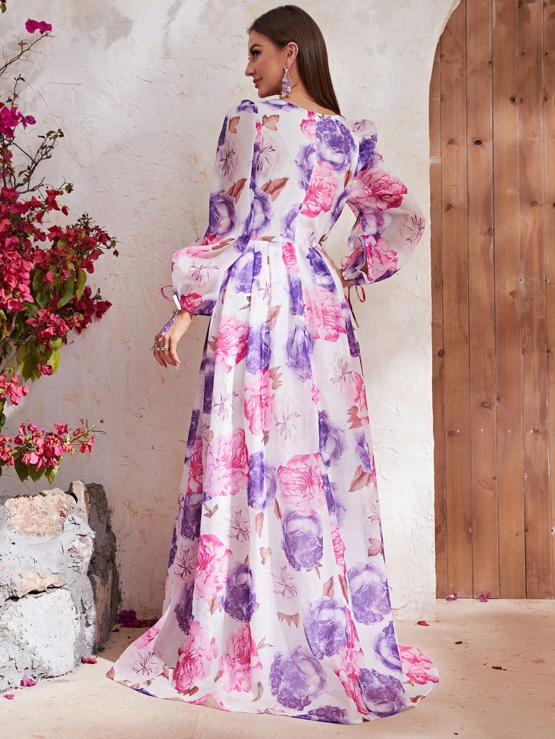 Printed Chiffon V-Neck Long Sleeve Dress - Image 2
