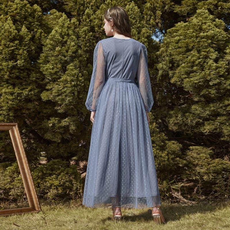 Women Clothing Dress Autumn Winter round Neck A line Dress Stitching Mesh Maxi Dress - Image 4