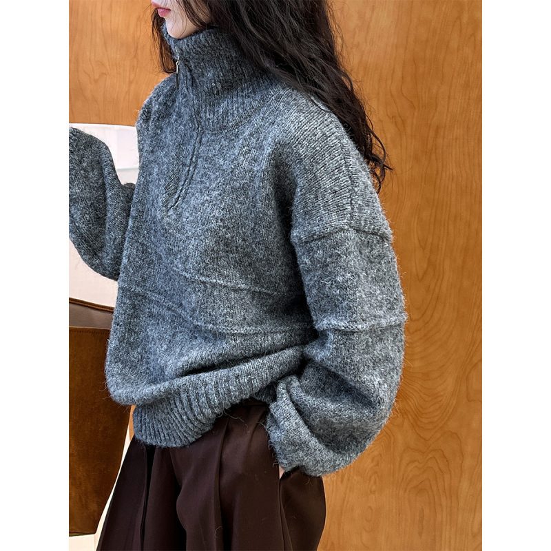 Lazy Loose Pink Zip Sweater | Half Turtleneck, Thickened - Image 3