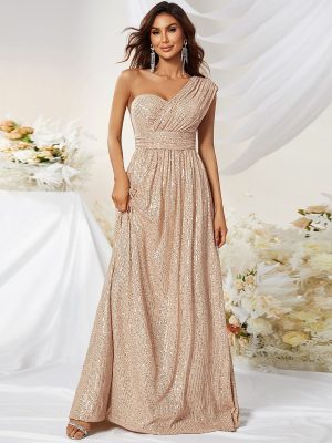 Oblique Shoulder Sequined Maxi Dress