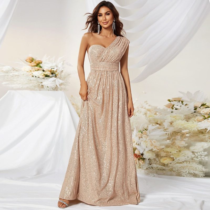 Oblique Shoulder Sequined Maxi Dress