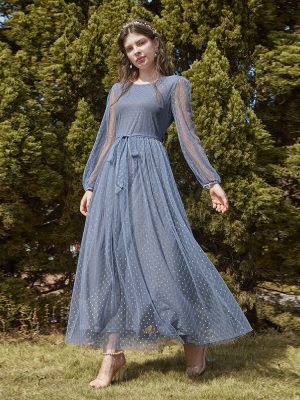 Women Clothing Dress Autumn Winter round Neck A line Dress Stitching Mesh Maxi Dress